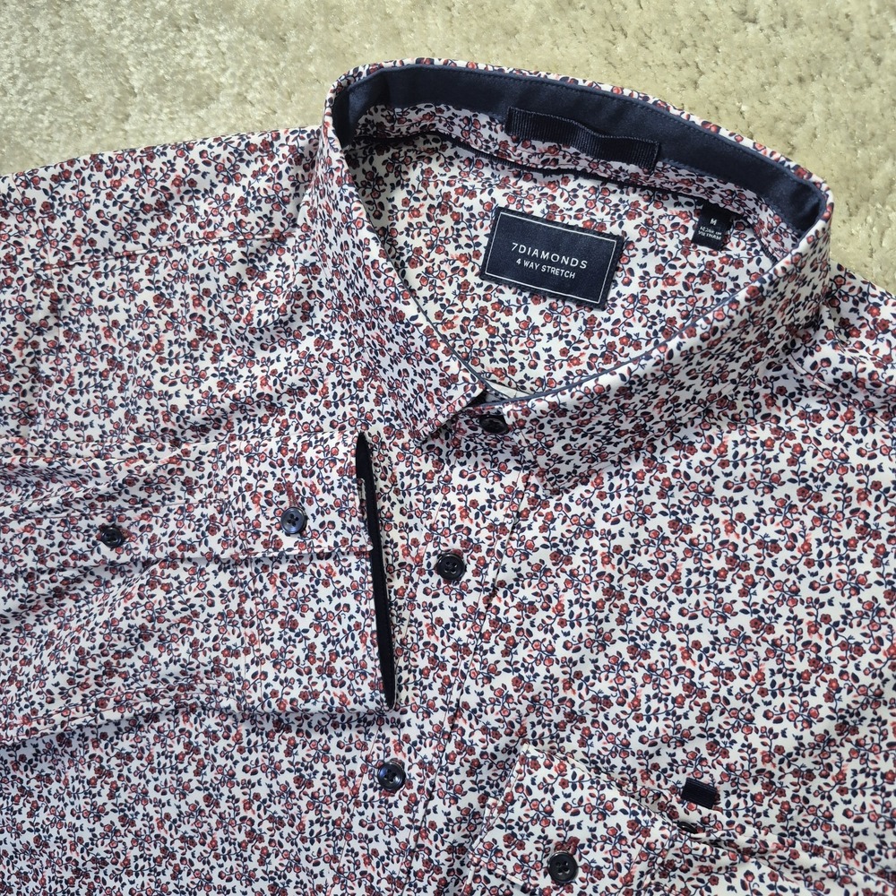 7 Diamonds Mens 4 Way Stretch Shirt Mens Medium Button Up Pink Floral Coastal